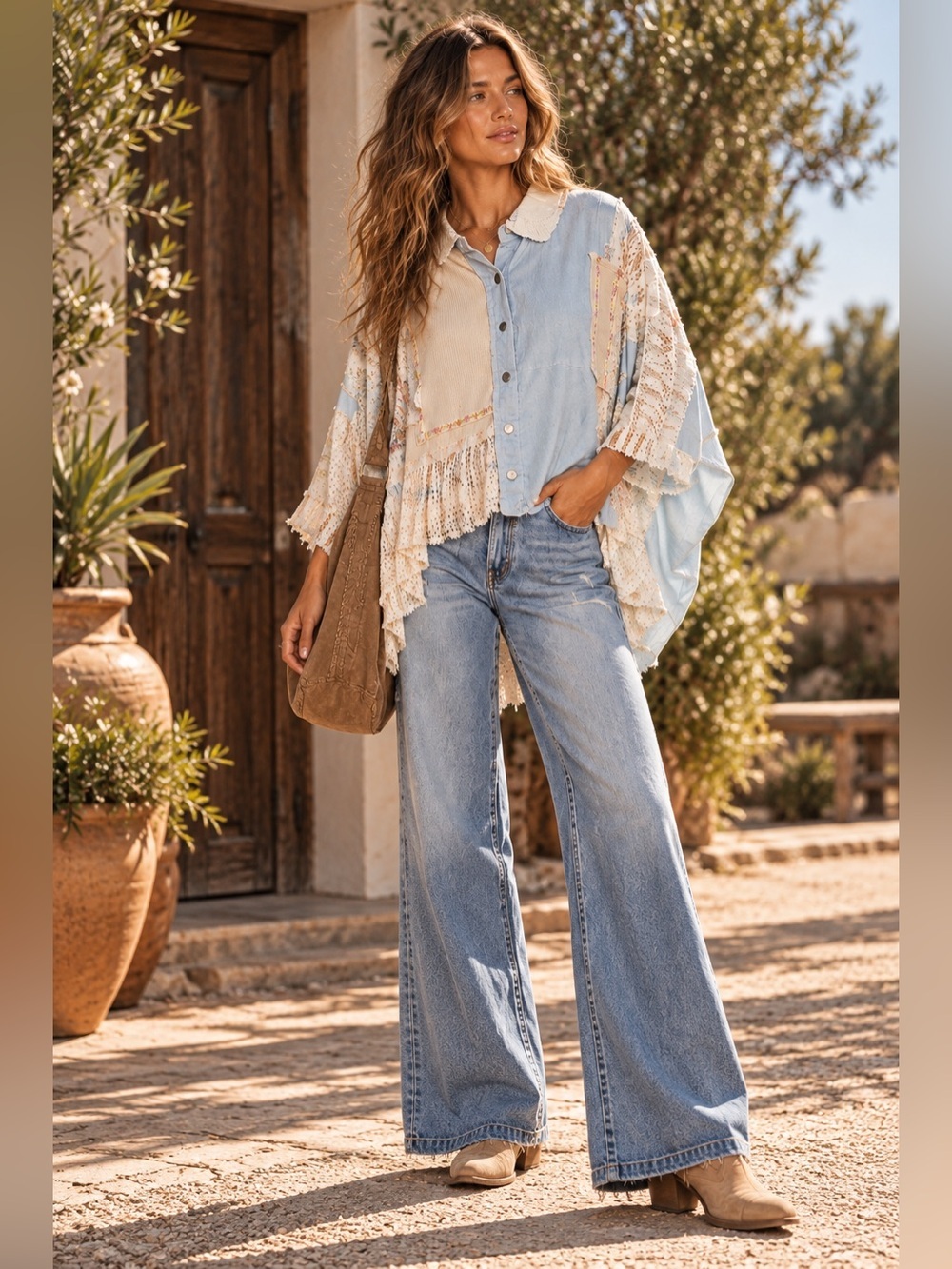 POL “ Topanga Hideaway “ Poncho Cotton Oversized Top | Light Denim
